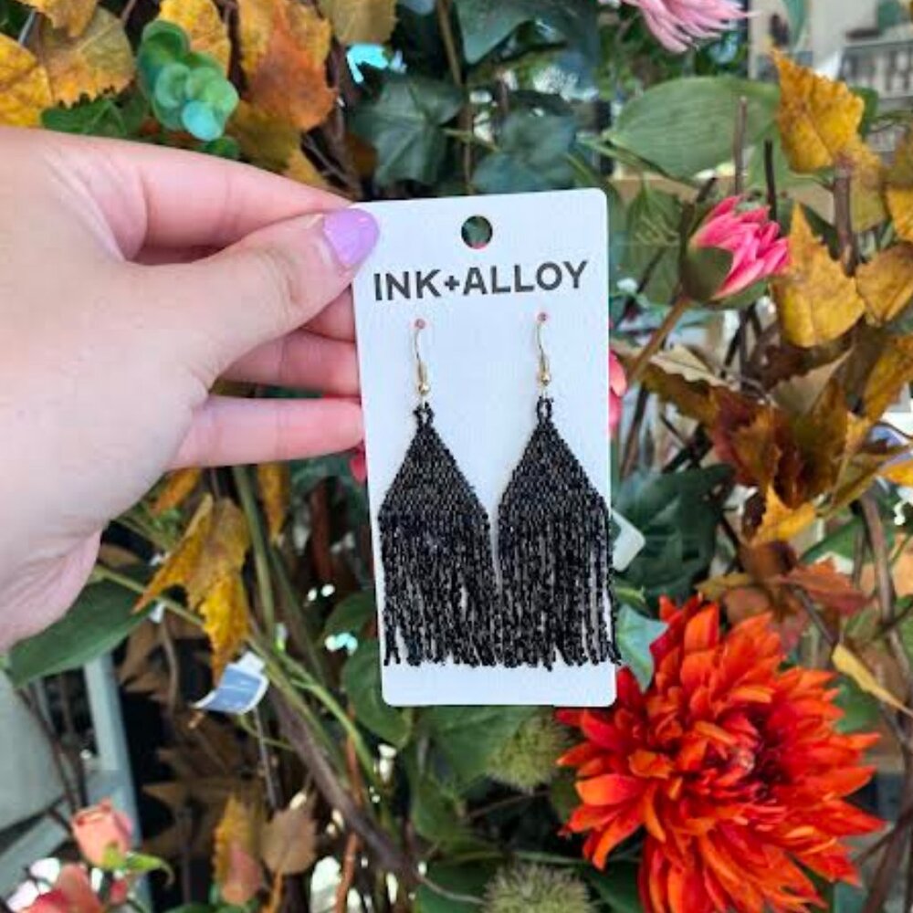 Ink + Alloy - Lexie Solid Beaded Fringe Earrings - Black- NWT